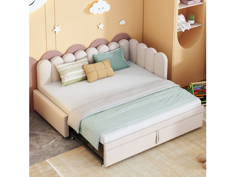 Lit gigogne en l 90x200 cm, pour chambre, lit enfant, gain d'espace, tête de lit, finition velours beige, sommier, sans matelas  - Conforama E