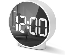 Reveil numerique avec led ecran incurvé, rond digitale reveil matin moderne avec 2 alarme, fonction snooze, 1224h, 4 luminosité réglable, blanc