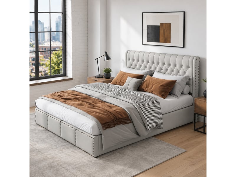  Lit coffre 180 x 200 cm en coton-lin avec sommier à lattes, sans matelas, gris clair  - Conforama D