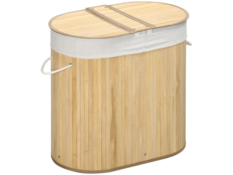  Panier à linge bambou naturel avec couvercle et 2 compartiments, sacs amovibles pour tri du linge  - Conforama A