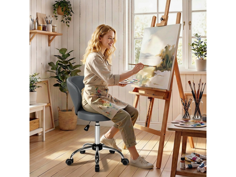  Tabouret de massage à roulettes en pu gris avec hauteur réglable de 73 à 88 cm dossier et rotation à 360 degrés  - Conforama B