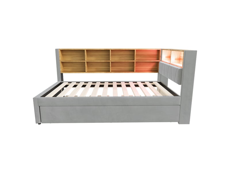  Lit banquette gigogne 90x200 cm en flanelle gris clair, led, prises et rangements, couchage 90x190 cm  - Conforama A