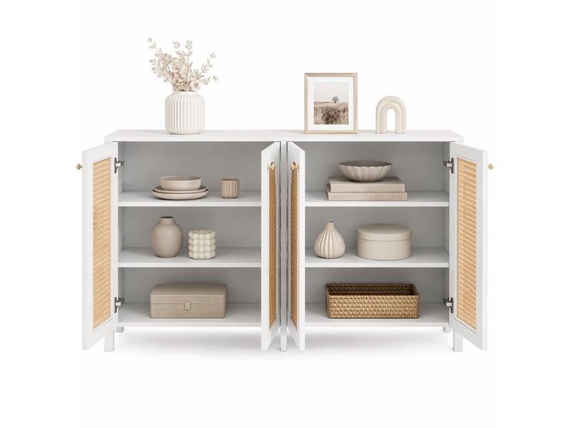 Buffet bas 4 portes blanc avec façades en pe façon rotin et poignées en métal, 145 x 40 x 80 cm - Conforama D