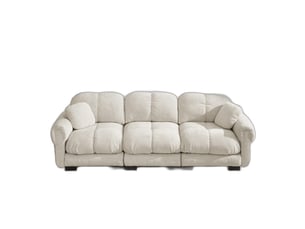 Canapé 3 places effet nuage en tissu chenille kaki clair, assises épaisses, dossier ergonomique et 2 coussins décoratifs