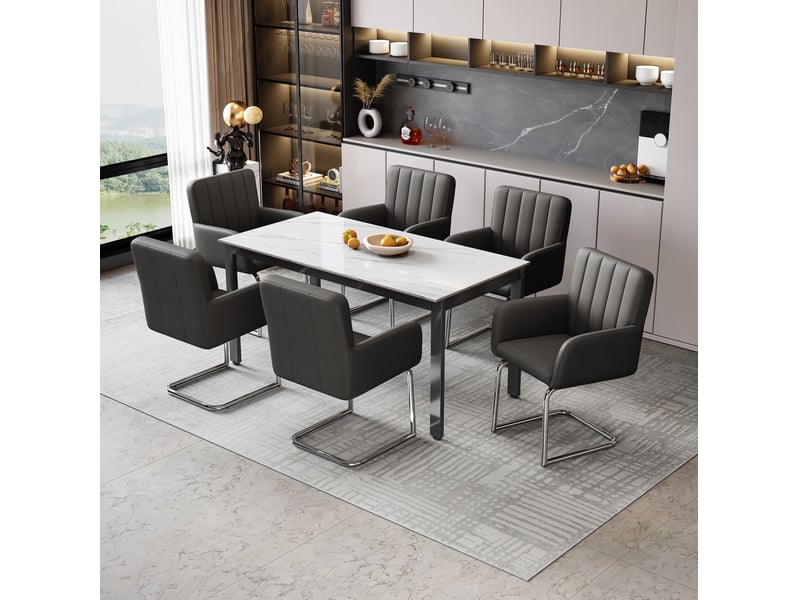  Lot de 4 chaises de salle à manger avec accoudoirs dossier ergonomique et pieds en métal polyuréthane noir  - Conforama E