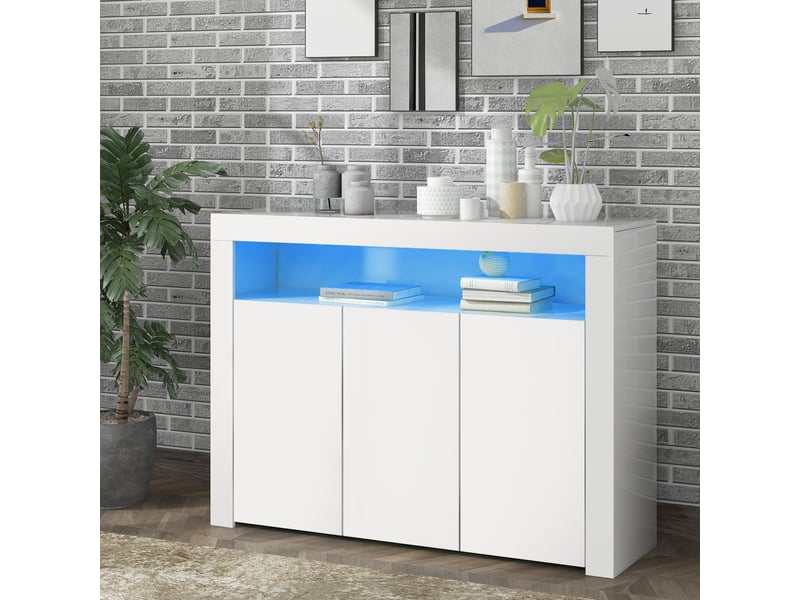  Buffet blanc laqué avec led meuble de rangement 3 portes 130x35x95 cm  - Conforama E