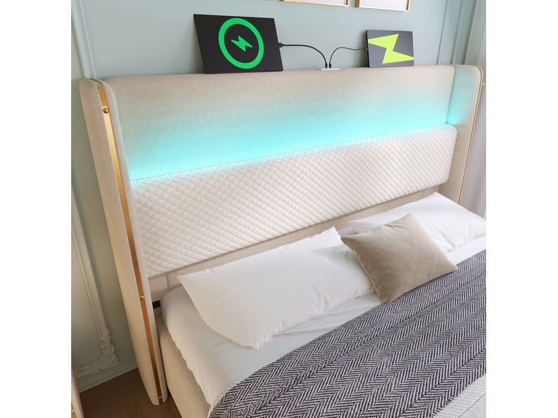  Lit coffre 180x200 cm avec led, ports usbtype-c et rangement bois métal beige avec matelas  - Conforama D