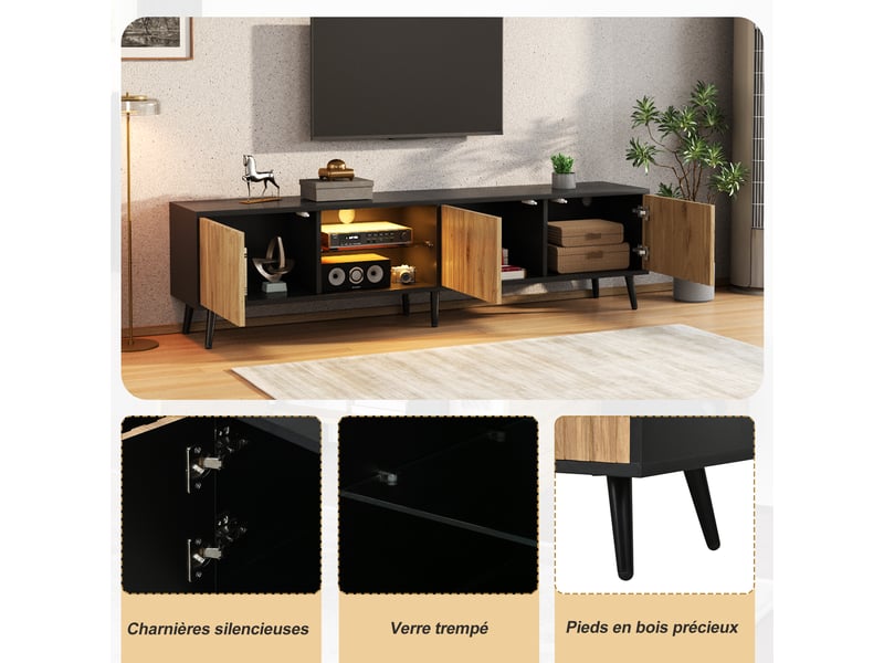  Meuble tv led 175x31x43,5 cm avec 3 portes, verre trempé et 6 pieds, grand rangement, bois naturel evarich - Conforama E
