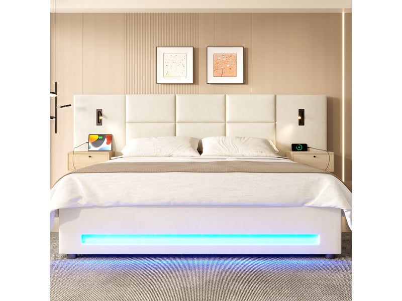  Lit coffre 160 × 200 cm en velours beige avec tiroirs, usb-c et led Fay Lum - Conforama D