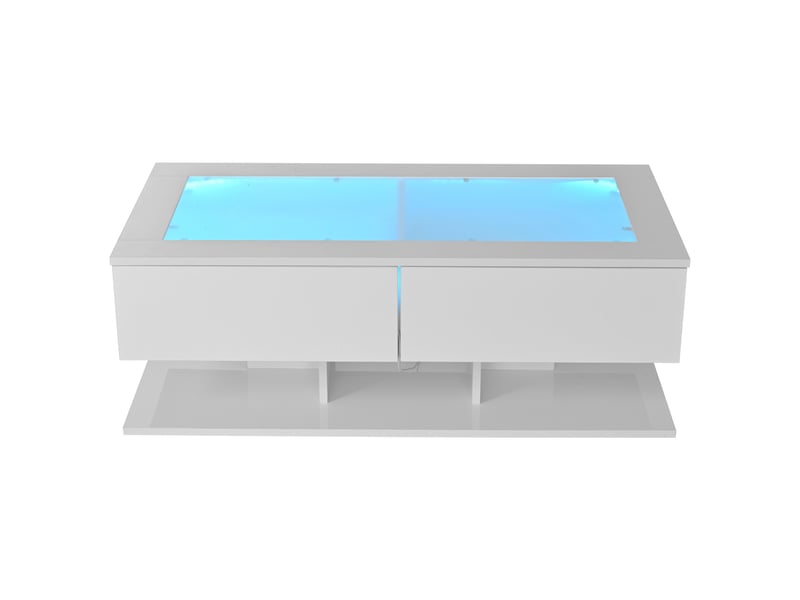  Table basse blanche brillante 100x50x35 cm, table de salon avec tiroirs et plateau en verre trempé, table basse led  - Conforama W