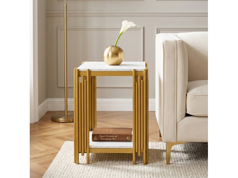 Table de chevet à 2 étagères ouvertes, mdf effet marbre et métal doré, pour chambre, salon ou entrée 43 × 40 × 54,7 cm - Conforama B