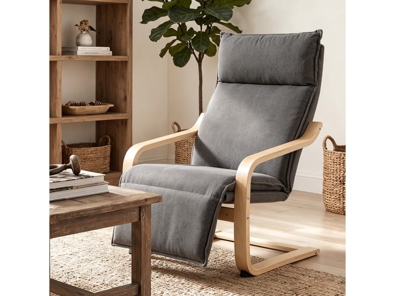  Fauteuil à bascule avec repose-pieds, mouvement apaisant et accoudoirs en bois, polyester gris foncé  - Conforama C