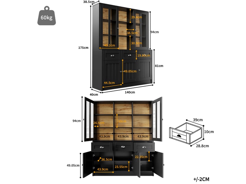  Buffet haut 140x38,5x175 cm noir en mdf et acrylique, rangement avec tiroirs pour cuisine et salle à manger  - Conforama C