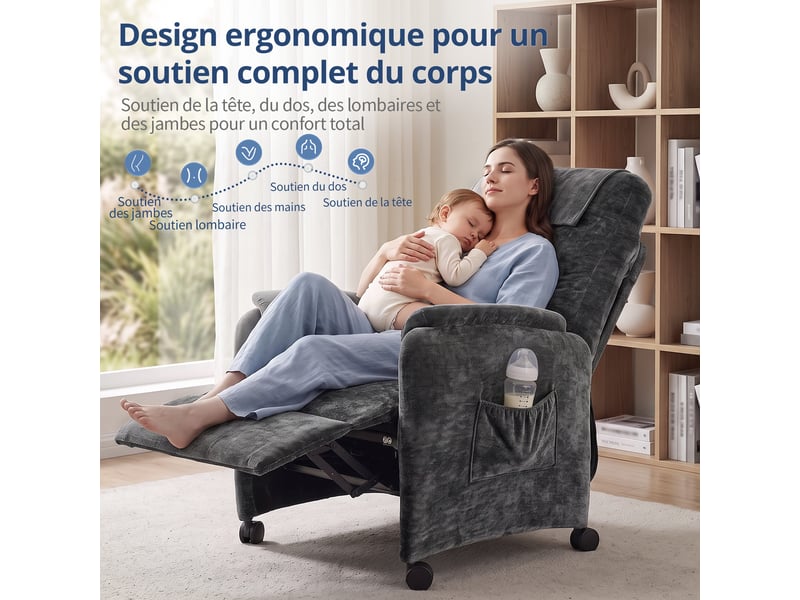  Fauteuil de massage électrique, fauteuil détente pour télévision avec fonction massage et chaleur, 4 roues, gris foncé  - Conforama W