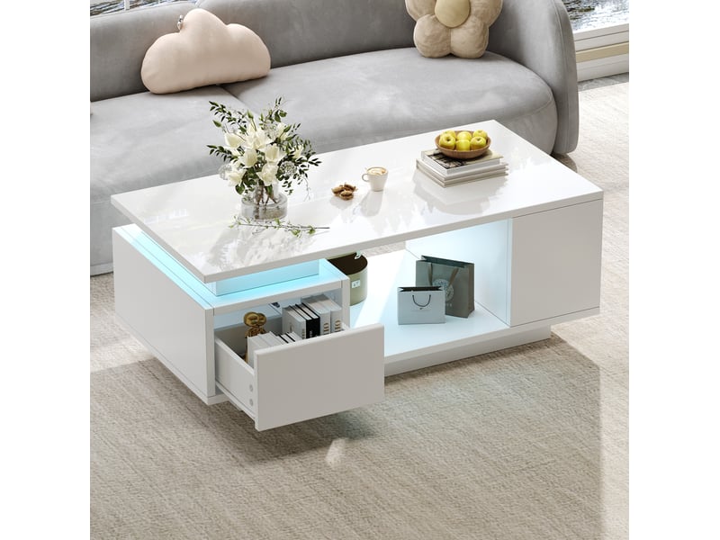 Table basse led avec tiroir et quatre rangements latéraux, finition brillante, pour salon, blanche, 100 × 50 × 36 cm - Conforama B