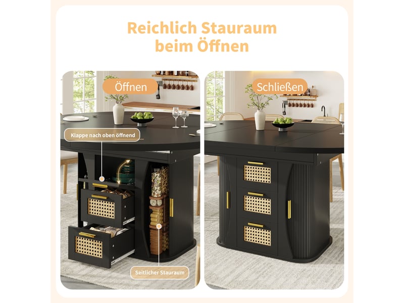  118–158 noir table à manger extensible avec rangement, design moderne, structure fonctionnelle pour cuisine et salle à manger  - Conforama C