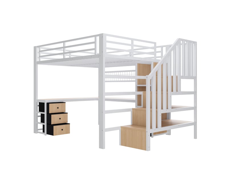 Lit mezzanine enfant 2 places 140 × 200 cm, 4 tiroirs, bureau et led réglable, sans matelas, blanc - Conforama E