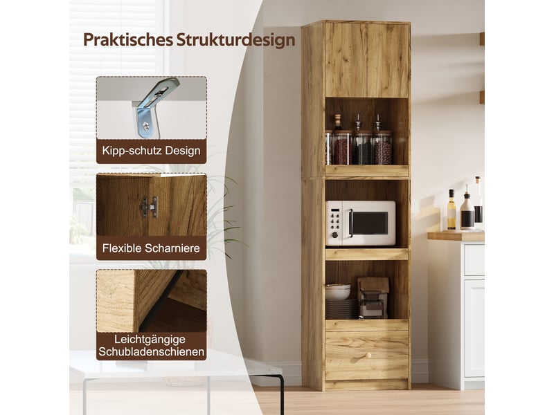  Armoire haute de cuisine 50x45x200 cm avec 2 portes, 3 paniers coulissants, 1 tiroir, étagères réglables, rangement micro-ondes, mdf effet chêne  - Conforama E