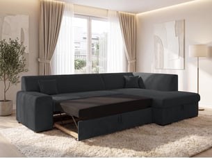 Canapé d'angle droit convertible <strong>AX LIVING </strong> <strong>Lucera</strong> 4 places Velours côtelé noir avec coffre de rangement