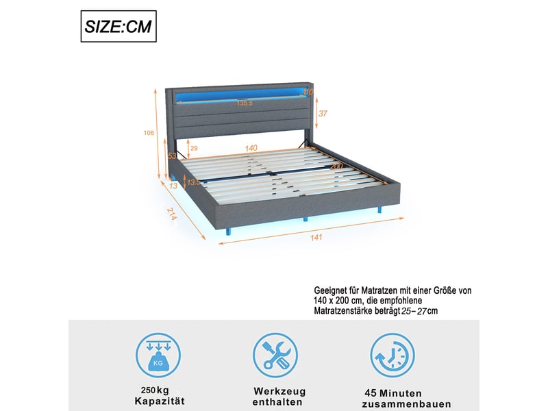 Lit double 140x200 cm avec tête réversible et rangement, prise usb, led multicolore en tête et au pied, pieds dissimulés, lin, gris - Conforama D