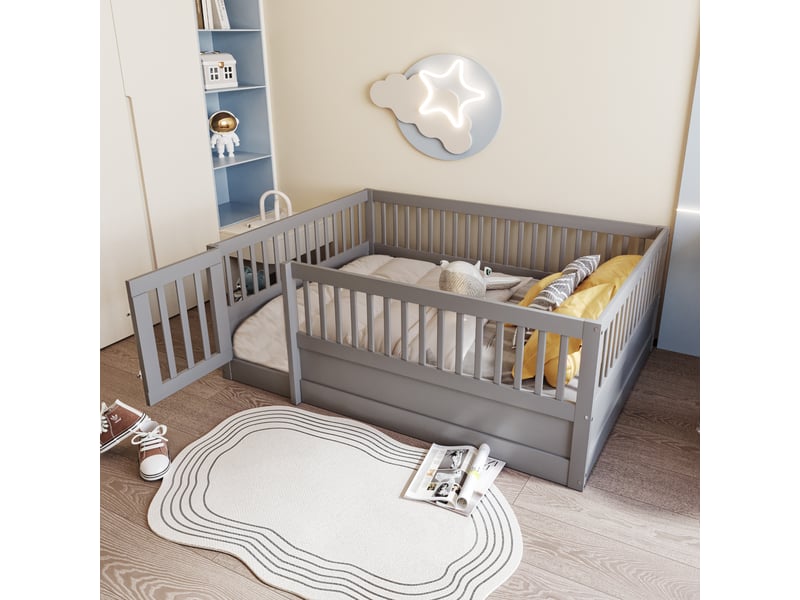  Lit enfant 140 × 200 cm avec barrière de 60 cm et porte, sans matelas, en bois massif, gris  - Conforama B