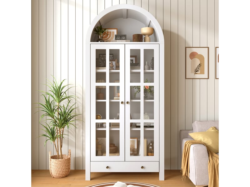  Armoire haute arquée moderne avec étagères réglables et tiroir, vitrine multifonction  - Conforama B