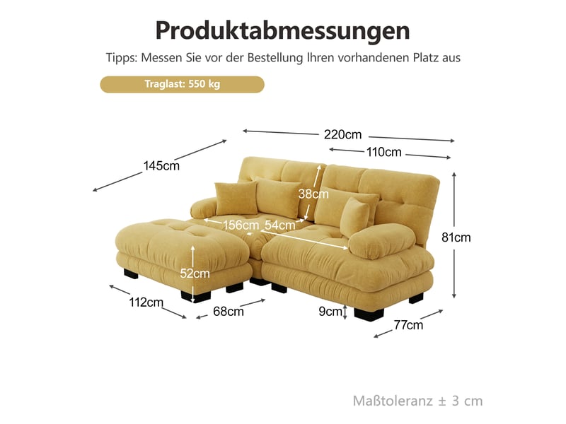  Canapé d'angle, canapé 2 places – en chenille, avec pouf, jaune, coussins inclus, style cloud, larges accoudoirs  - Conforama W