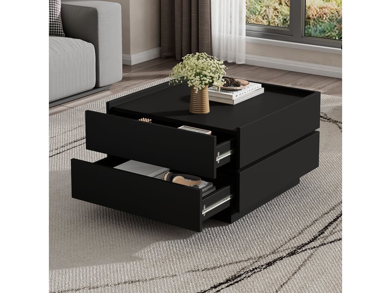  Table basse moderne - meubles de salon avec plateau pivotant 360° et double rangement, mdf noir, 60×60×38 cm  - Conforama D