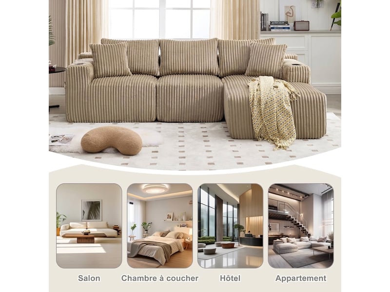  Canapé modulaire avec méridienne 3 places en velours côtelé 257 x 160 cm avec poches et coussins  - Conforama R