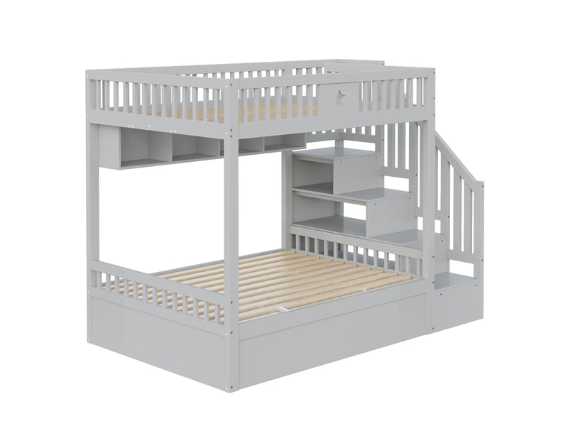  Lit 140x200 cm en bois gris avec rangement hydraulique, tiroirs et étagères intégrés, sans matelas  - Conforama A