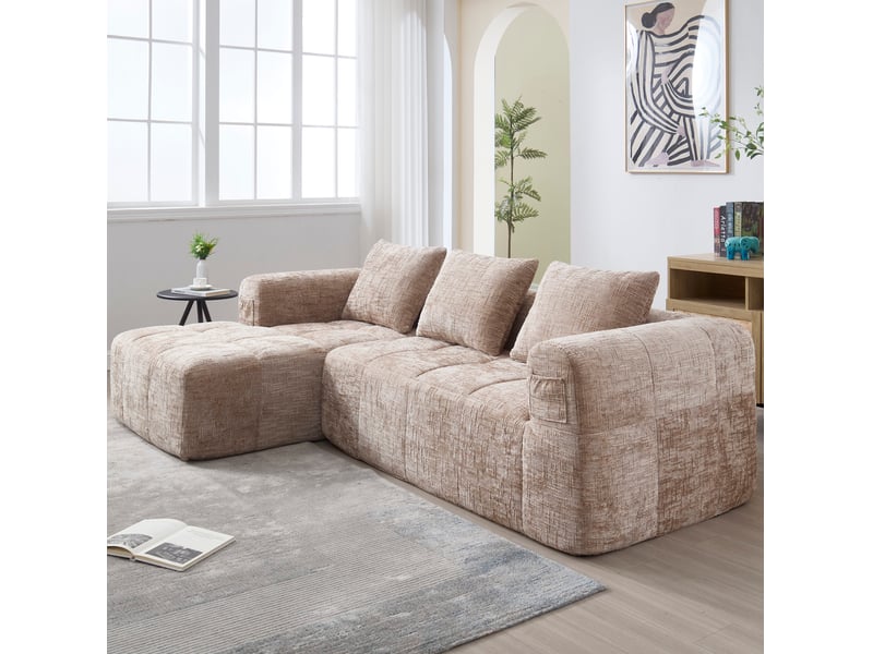  Canapé d'angle modenvie 3 places modulable avec chaise longue 250 x 158 x 60 cm en chenille kaki  - Conforama D