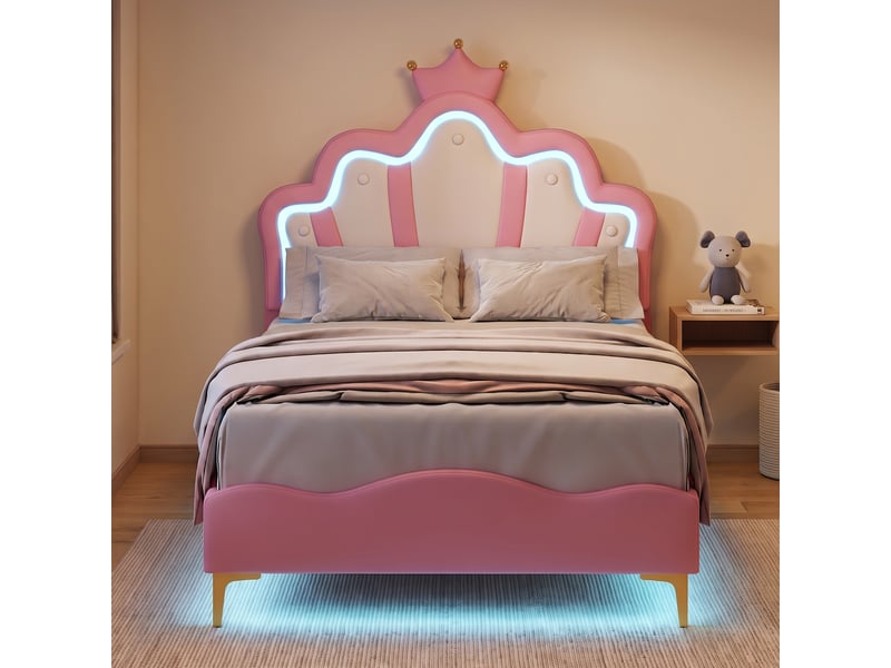  Lit simple 90x190 cm, lit enfant avec rgb led et tête de lit couronne réglable, lit capitonné avec sommier, rose  - Conforama B