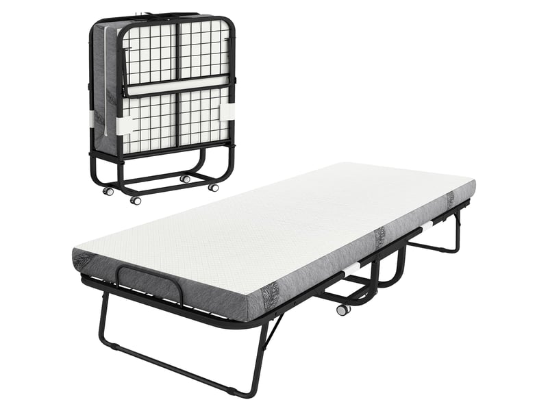  Lit pliant 1 personne 200 x 90 cm avec matelas, lit d'appoint pliable et portable sur roulettes, cadre en acier, blanc  - Conforama B