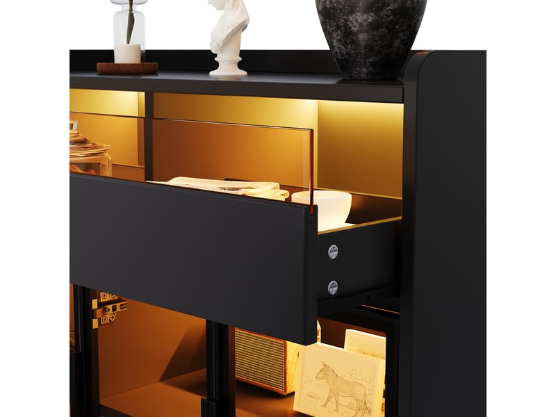 Buffet vitrine 100x40x91.5cm avec verre de sécurité teinté, 2 tiroirs à façade vitrée et éclairage led multicolore, meuble bar, noir evarich - Conforama D