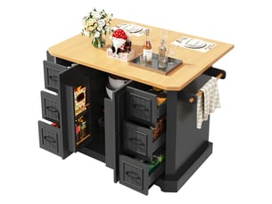 Îlot de cuisine mobile noir, desserte de cuisine avec 2 portes et 6 tiroirs, plateau en bois, 120x45x91 cm