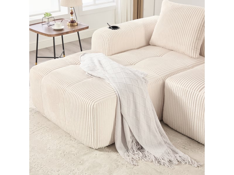  Canapé droit en velours côtelé beige, 4 places, 253 cm, poches latérales W2845S00247 - Conforama R
