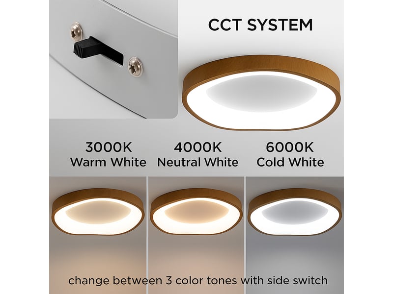  Plafonnier led ondulé ø50 cm 40w 5000 lm cct 3000k-6000k métal effet bois avec diffuseur acrylique, design moderne nordique  - Conforama R