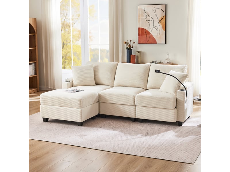  Canapé d'angle en l 3 places avec pouf - velours côtelé beige - port usb et porte-gobelet  - Conforama W