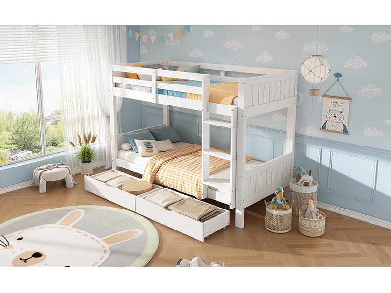  Lit superposé 90x200 cm en bois blanc pin et mdf convertible en 2 lits simples avec échelle barrière de sécurité et 2 grands tiroirs Sol Morn - Conforama B