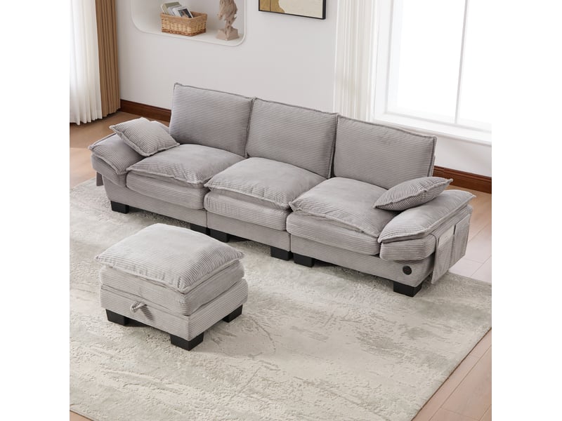 Canapé modulable 3 places en velours côtelé gris clair avec pouf de rangement - Conforama E