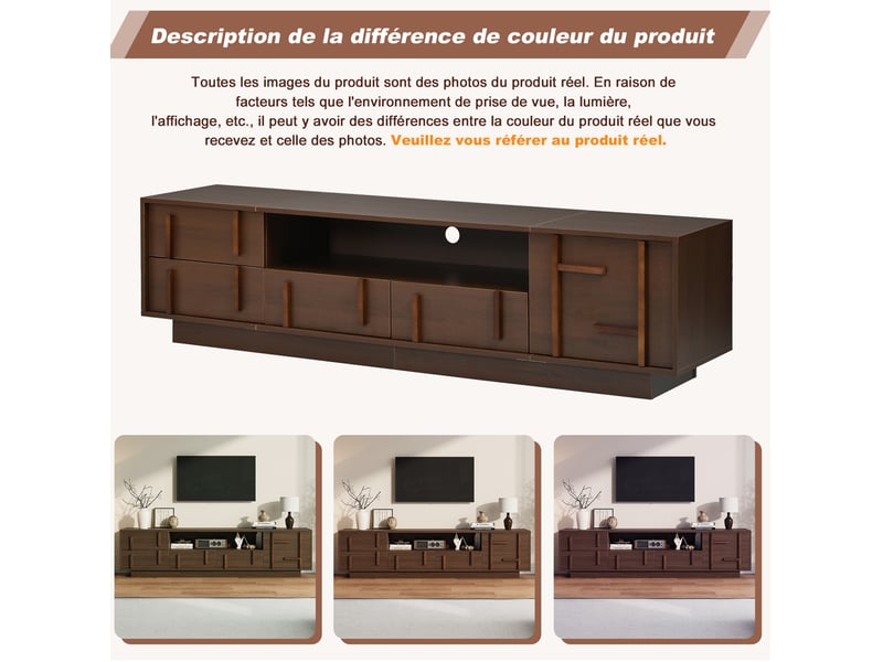  Meuble tv 180 cm en mdf bois foncé, 4 tiroirs et rangements ouverts, pour écran jusqu'à 75 pouces, salon  - Conforama E