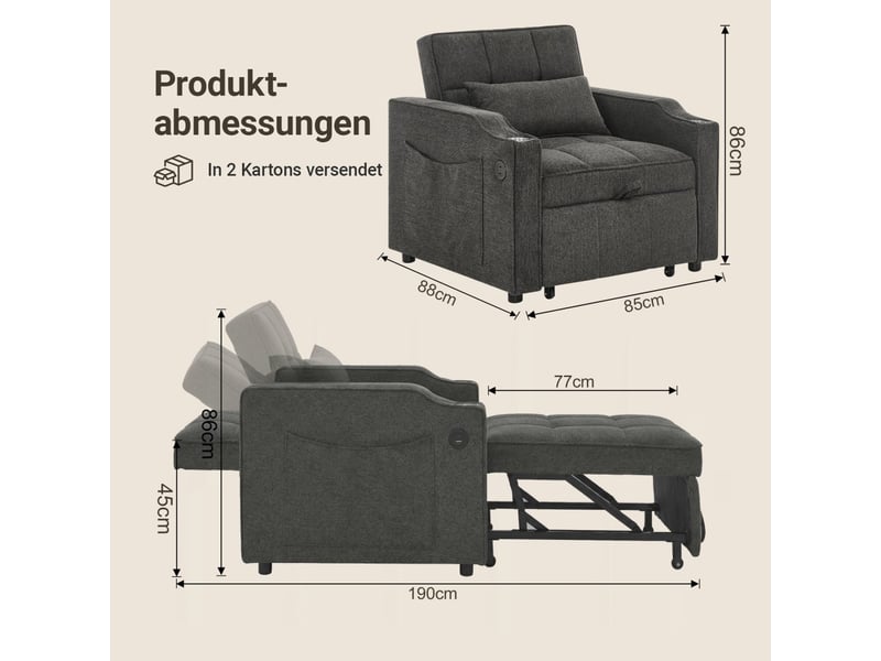 Fauteuil convertible 1 place - 190x85x86 cm - fauteuil 3-en-1 avec ports usb type-c et porte-gobelet - gris foncé  - Conforama E