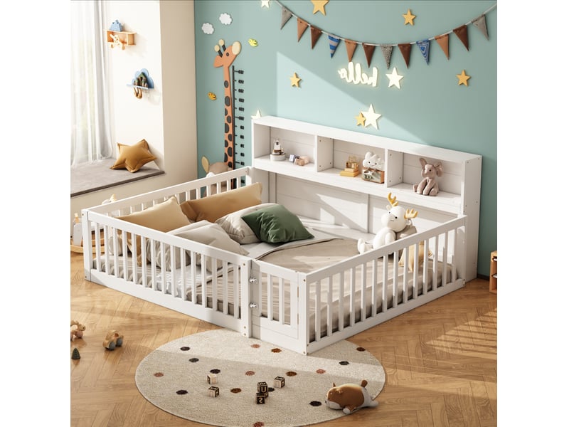  Lit banquette enfant 140x200 cm avec sommier, rangement et barrières, blanc  - Conforama D