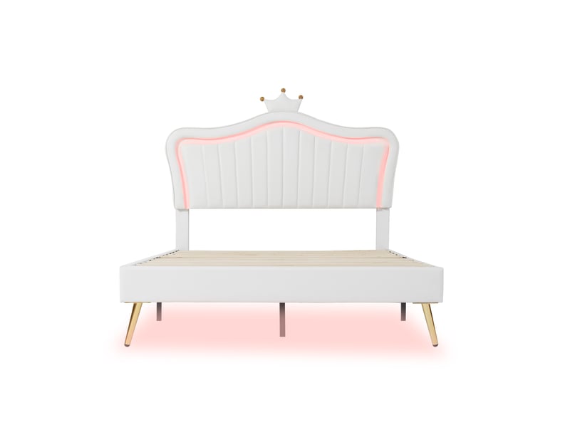  Lit enfant 140x200 cm - lit rembourré avec tête de lit couronne - led rgb et sommier à lattes - mdf similicuir blanc  - Conforama W