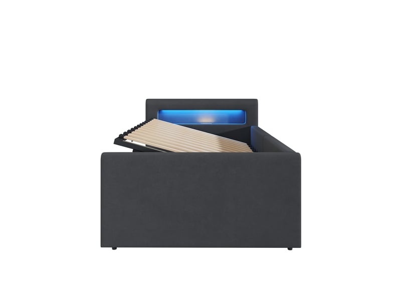 Lit enfant 90x200, velours gris foncé, led, usb, étagère et rangement hydraulique - Conforama E
