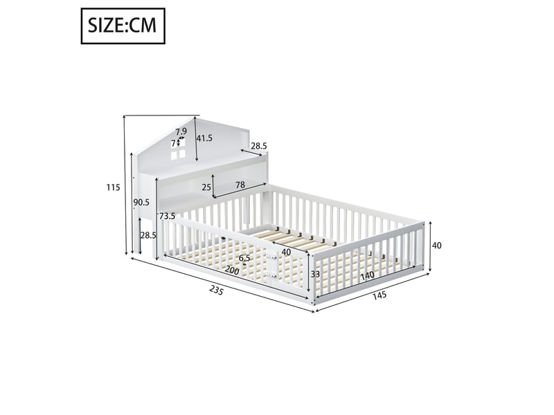  Lit cabane enfant tcqpz 140 x 200 cm avec rangements, barrière et porte, bois, blanc  - Conforama C