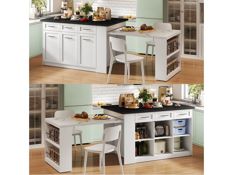  Îlot de cuisine rangement intégré meuble de cuisine conception multifonctionnelle table à manger extensible table blanche plateau en bois effet marbre noir et blanc armoires de rangement intégrées  - Conforama E