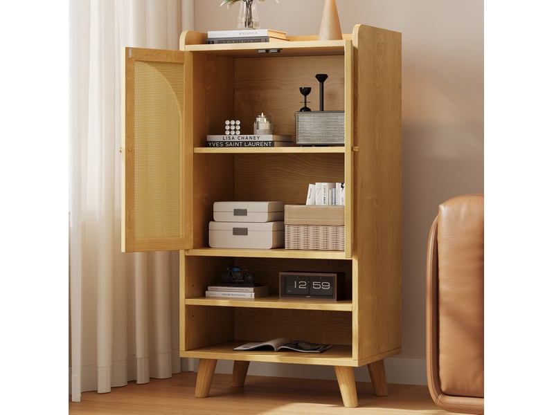  Buffet haut 60x40x121 cm naturel en panneaux de particules, 2 portes en rotin et 2 niches ouvertes de rangement  - Conforama B