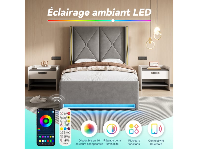  Lit coffre 90 x 200 cm en velours gris foncé, tête haute capitonnée, ouverture hydraulique, usb, usb-c et led  - Conforama E
