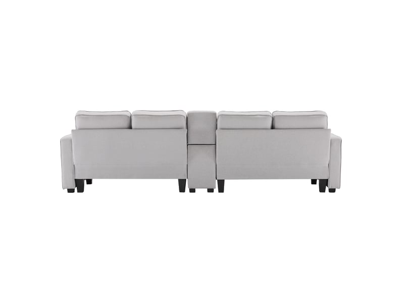  Canapé 4 places 290x83x88cm, poches de rangement, ports usb avec câbles, 2 portes-boissons et 4 coussins, lin gris  - Conforama E